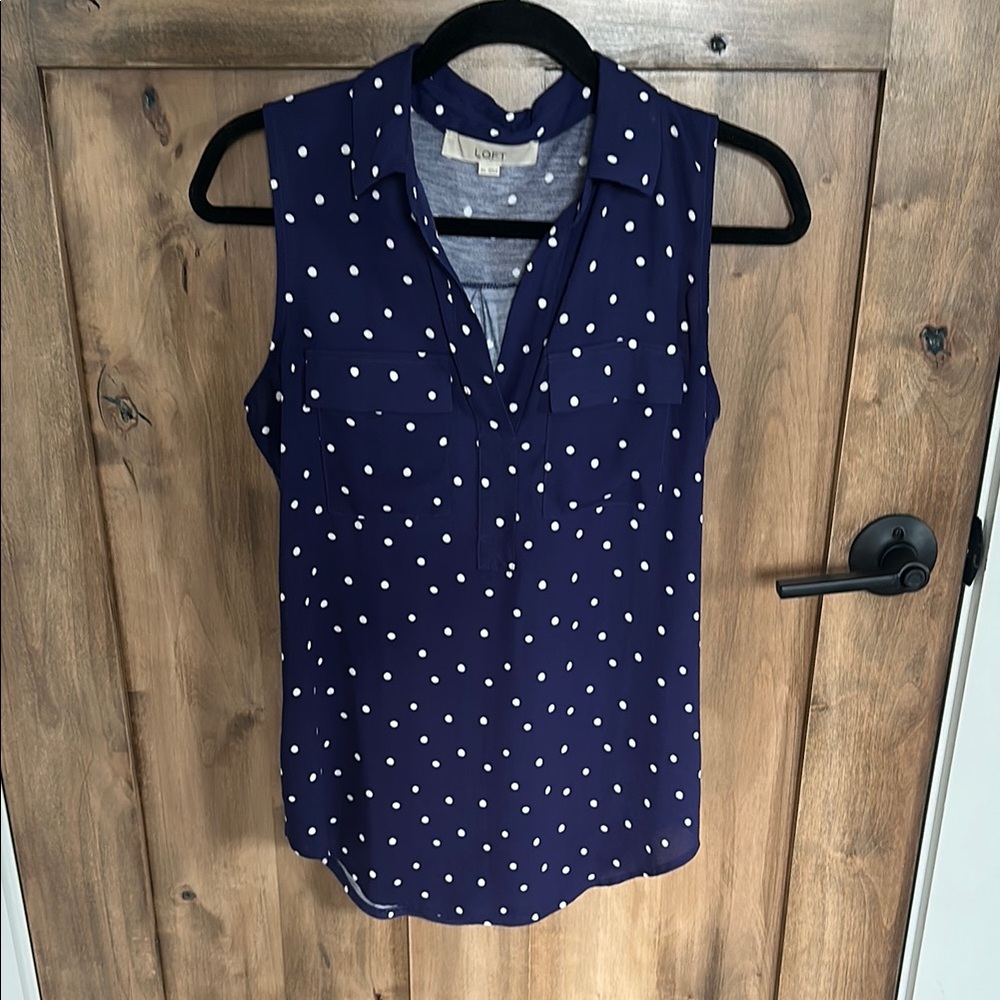 LOFT Navy Blue Sleeveless Collar Polka Dot Blouse
